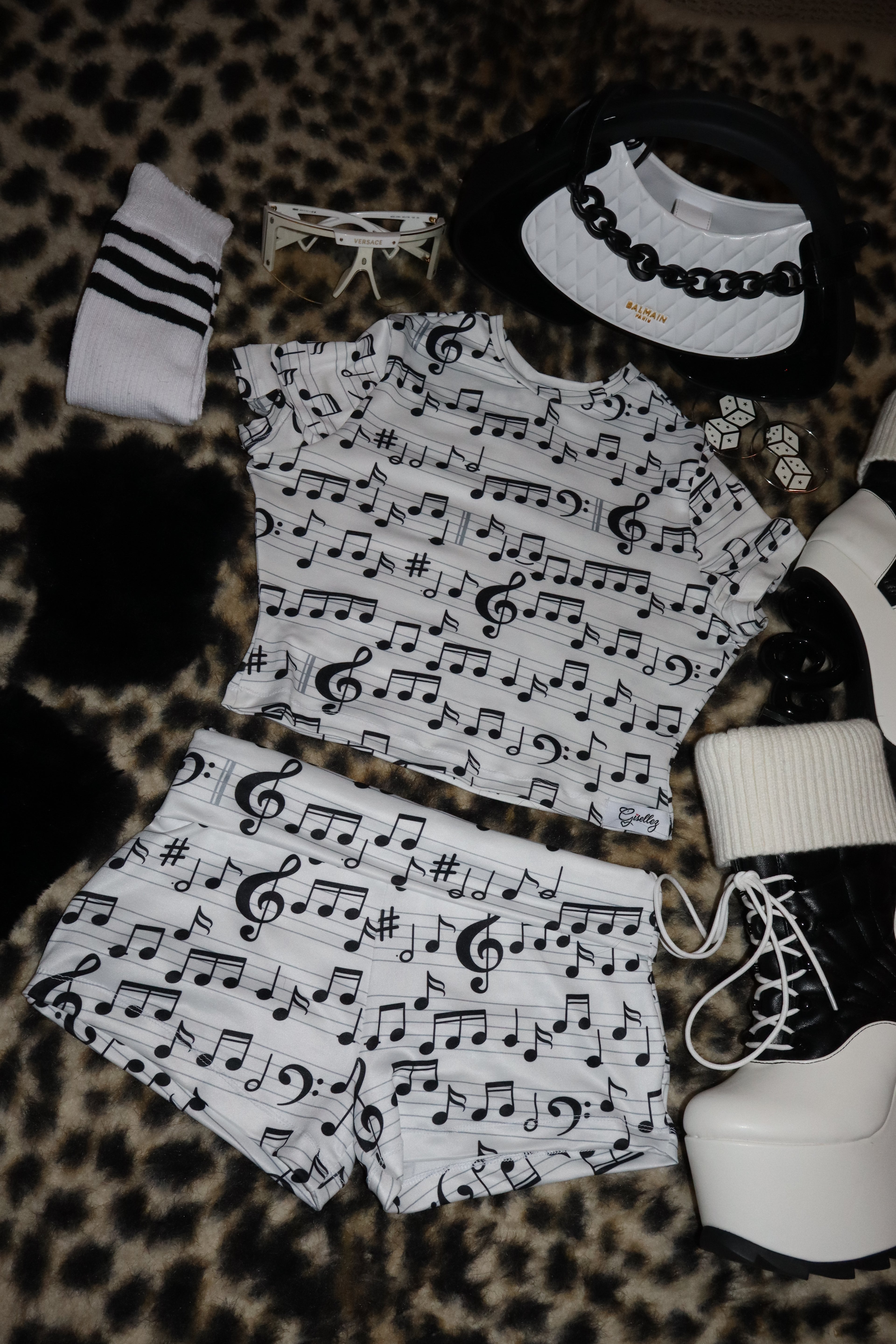 Cropped Baby Tee & Foldover Yoga Shorts In Music Notes Print