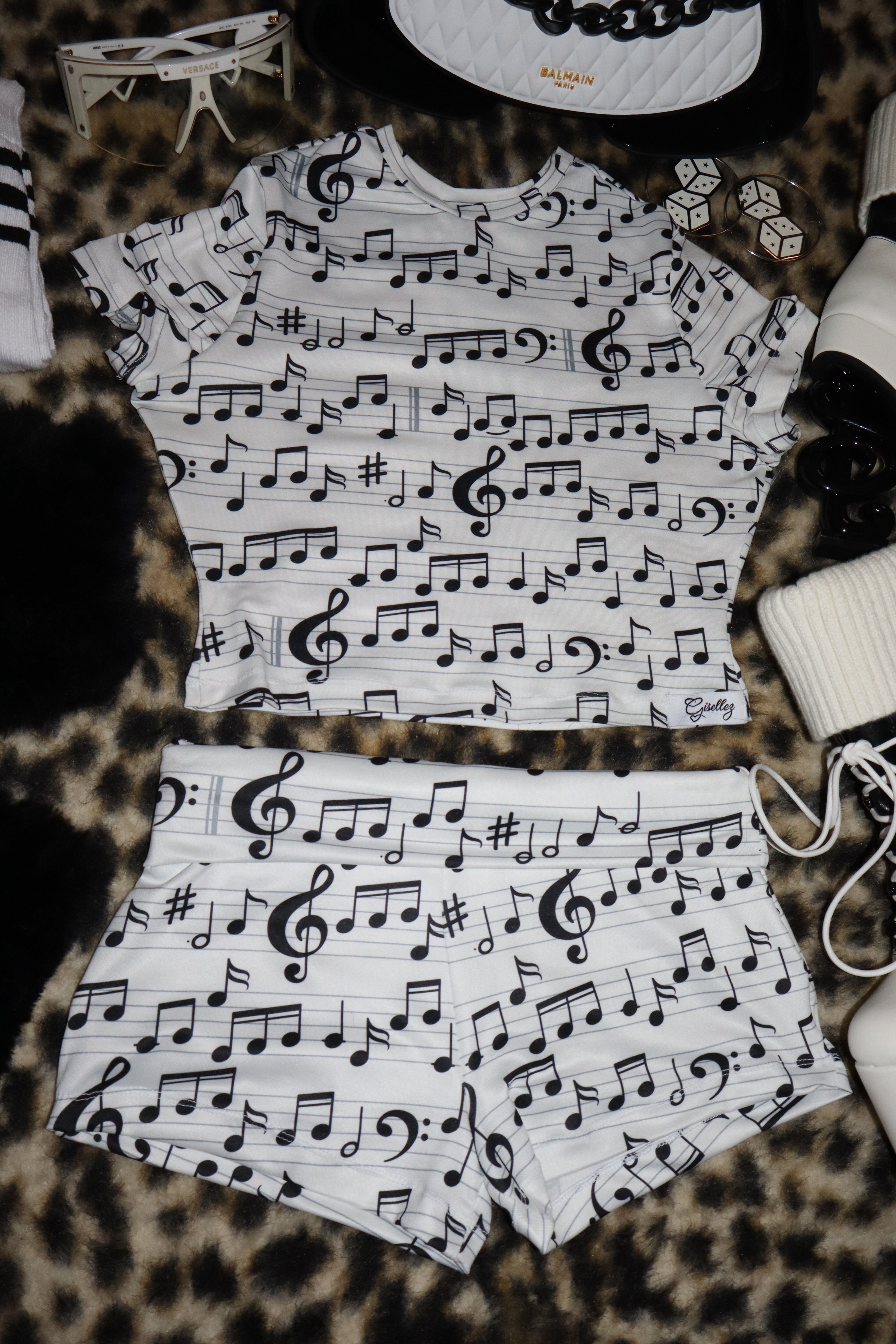 Cropped Baby Tee & Foldover Yoga Shorts In Music Notes Print