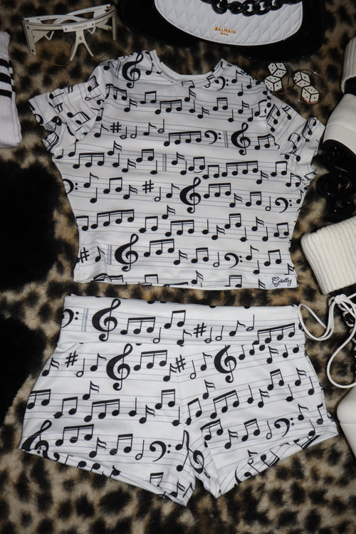 Cropped Baby Tee & Foldover Yoga Shorts In Music Notes Print
