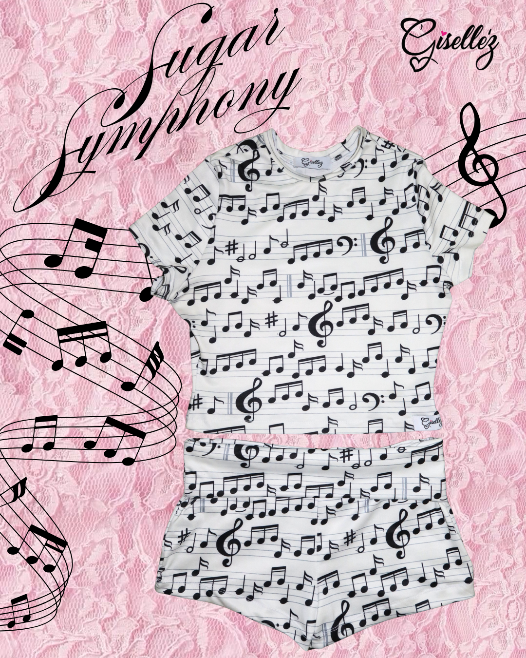 Cropped Baby Tee & Foldover Yoga Shorts In Music Notes Print