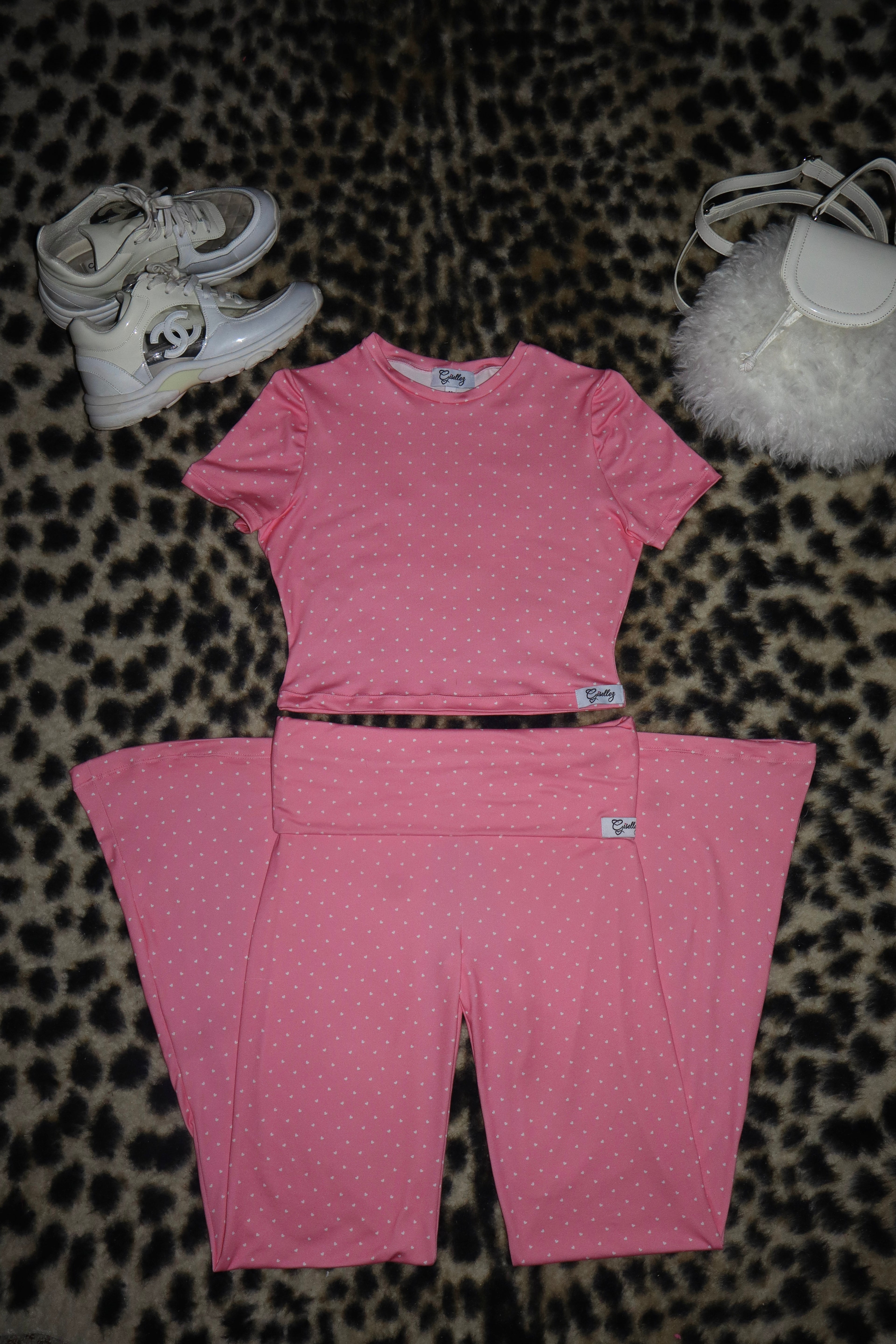 Cropped Baby Tee & Foldover Flare Yoga Pants In Pink/White Polka Dot