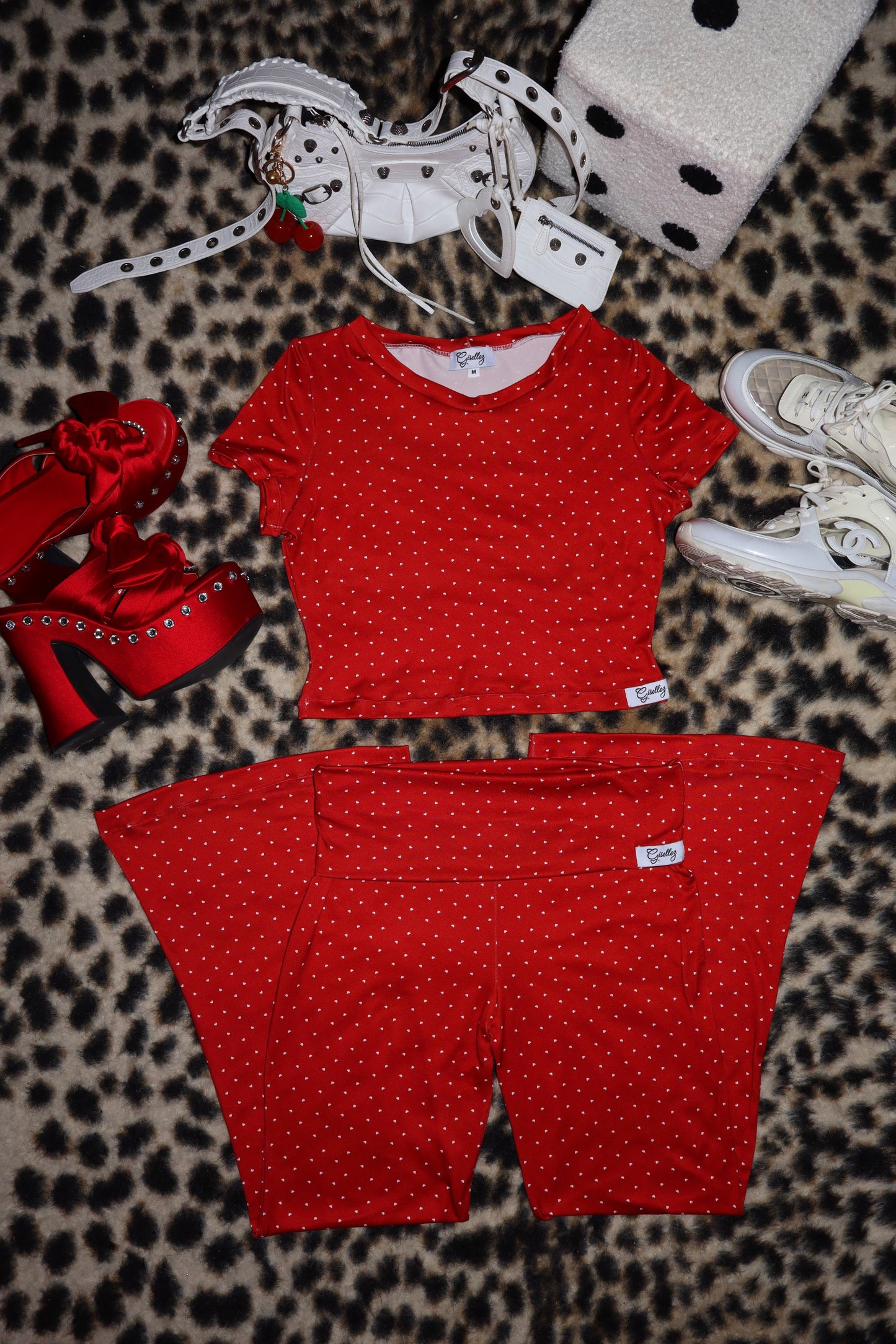 Cropped Baby Tee & Foldover Flare Yoga Pants In Red/White Polka Dot