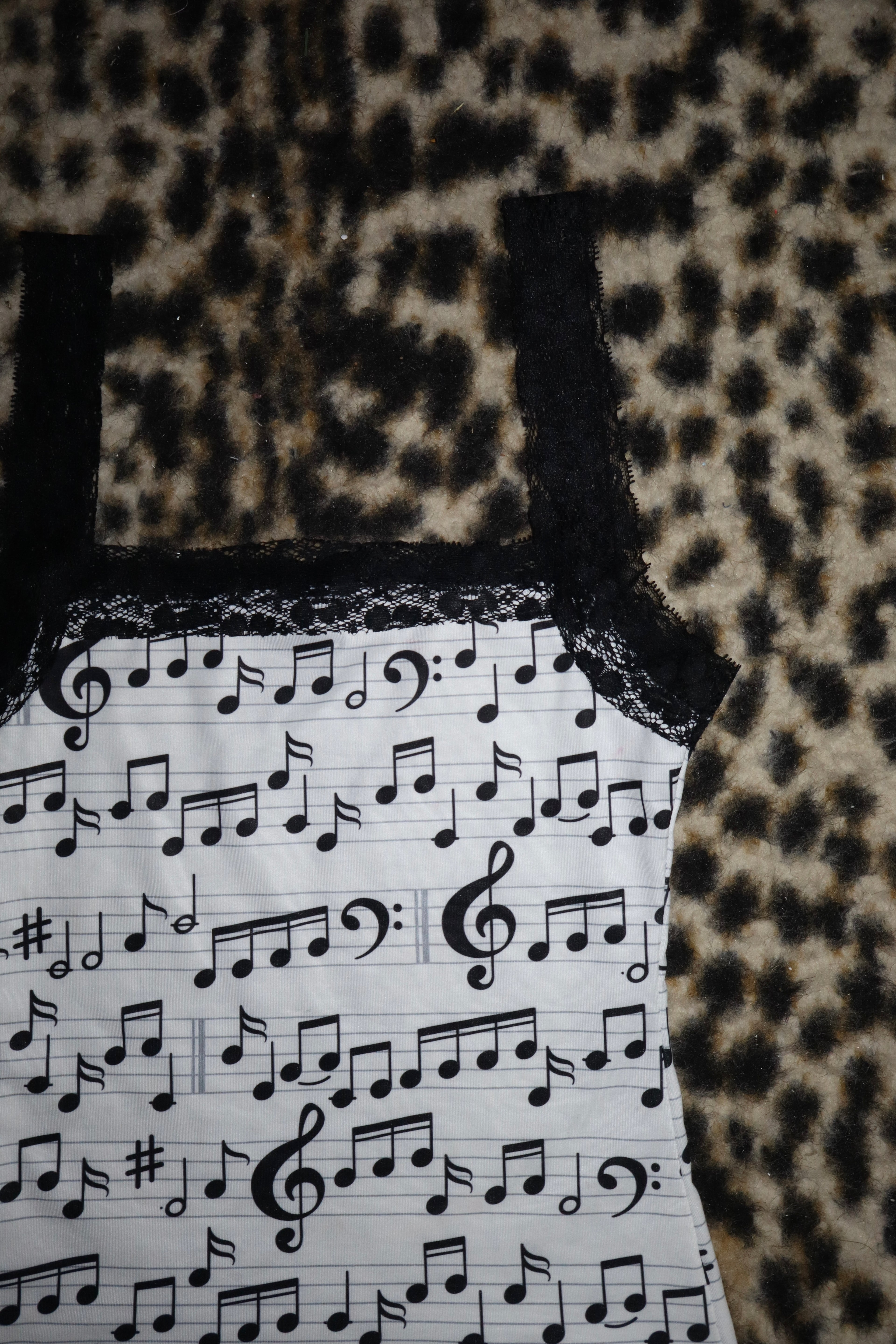 Lace Tank Top & Ruffle Mini Skirt In Music Notes Print