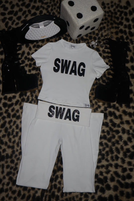 Swag Baby Tee & Swag Foldover Flare Yoga Pants Set In White/Black