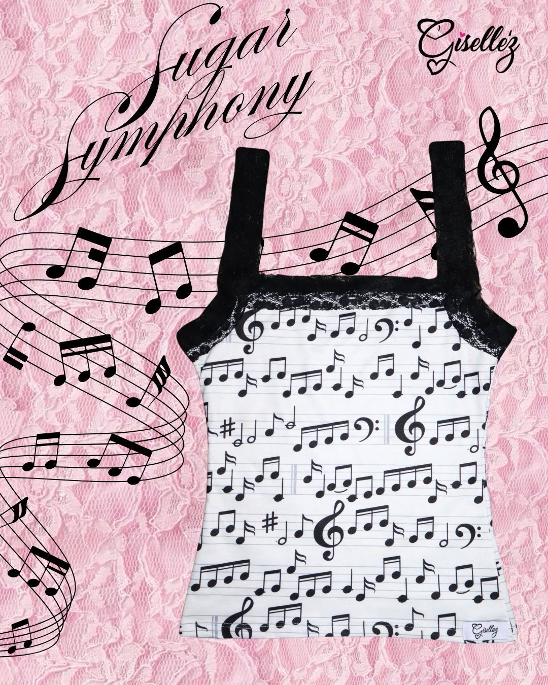 Lace Tank Top & Ruffle Mini Skirt In Music Notes Print