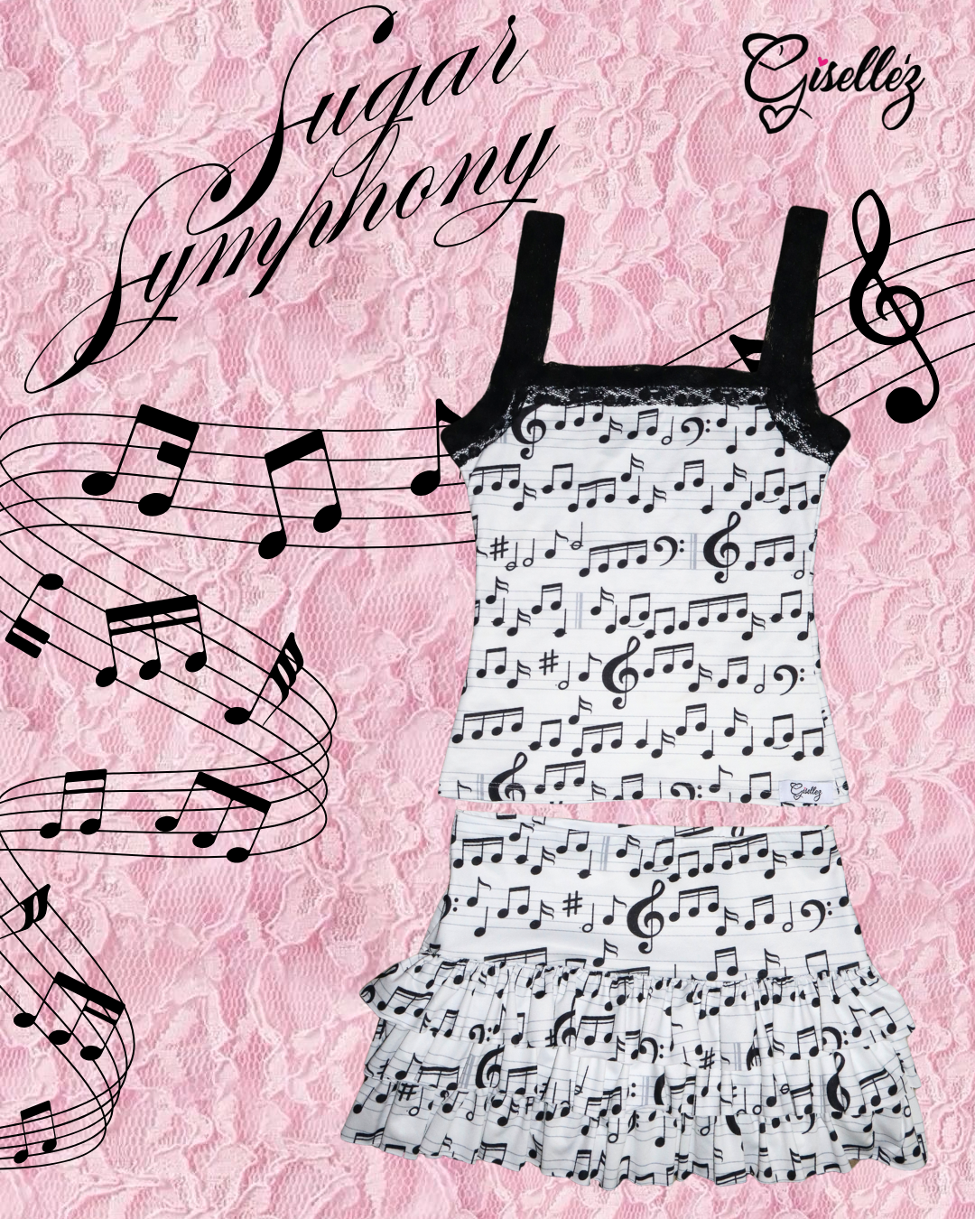 Lace Tank Top & Ruffle Mini Skirt In Music Notes Print