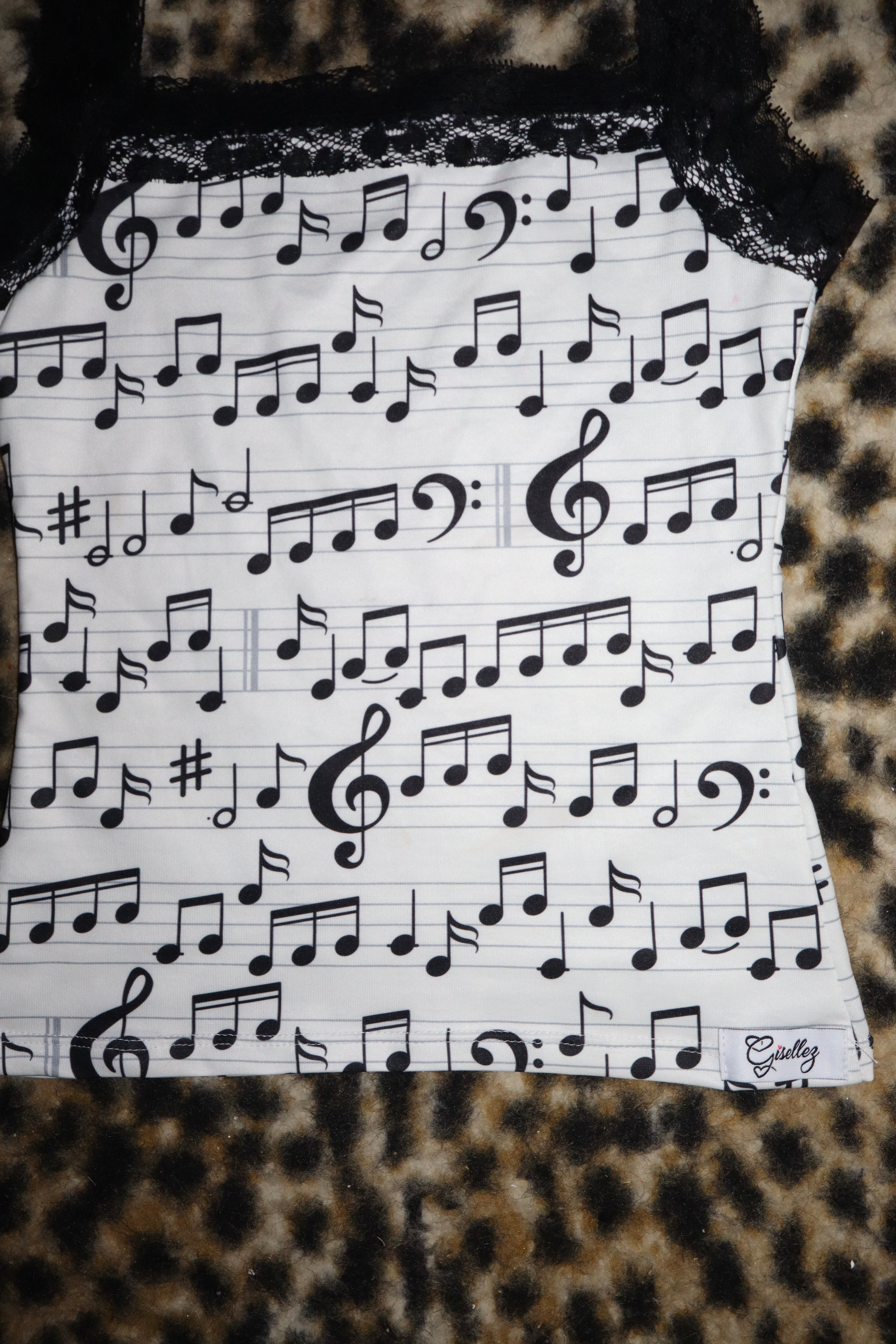 Lace Tank Top & Ruffle Mini Skirt In Music Notes Print