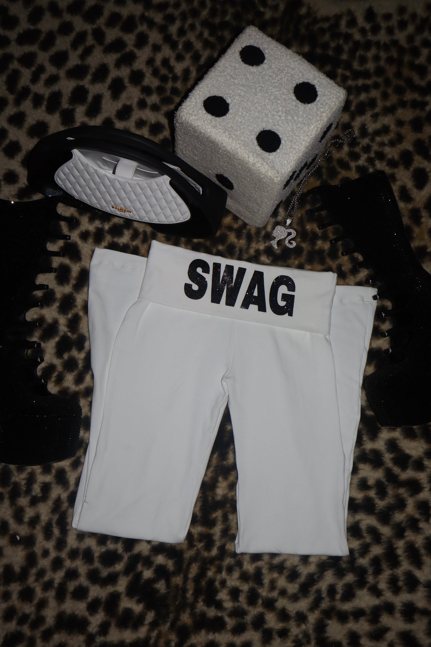 Swag Baby Tee & Swag Foldover Flare Yoga Pants Set In White/Black