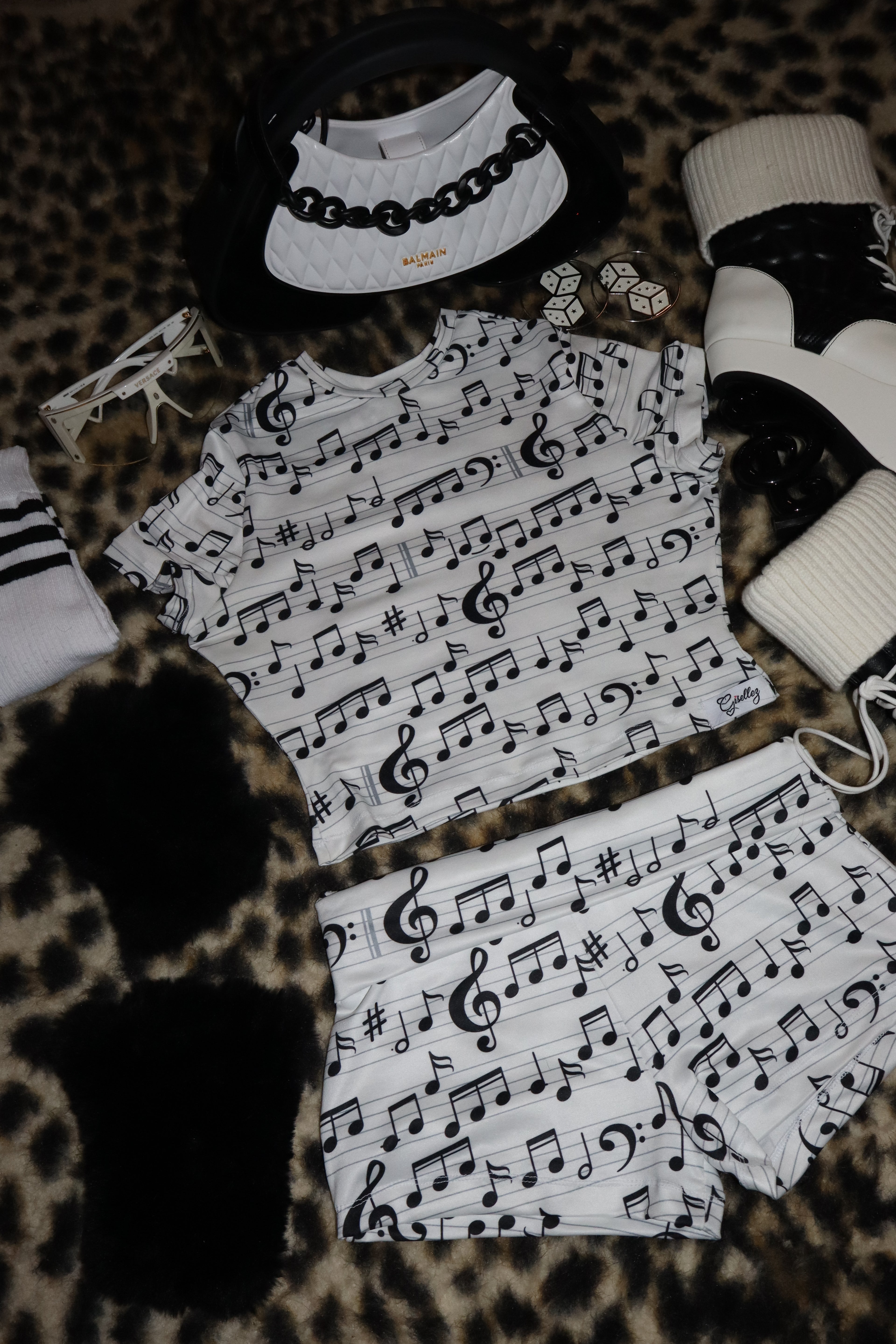 Cropped Baby Tee & Foldover Yoga Shorts In Music Notes Print