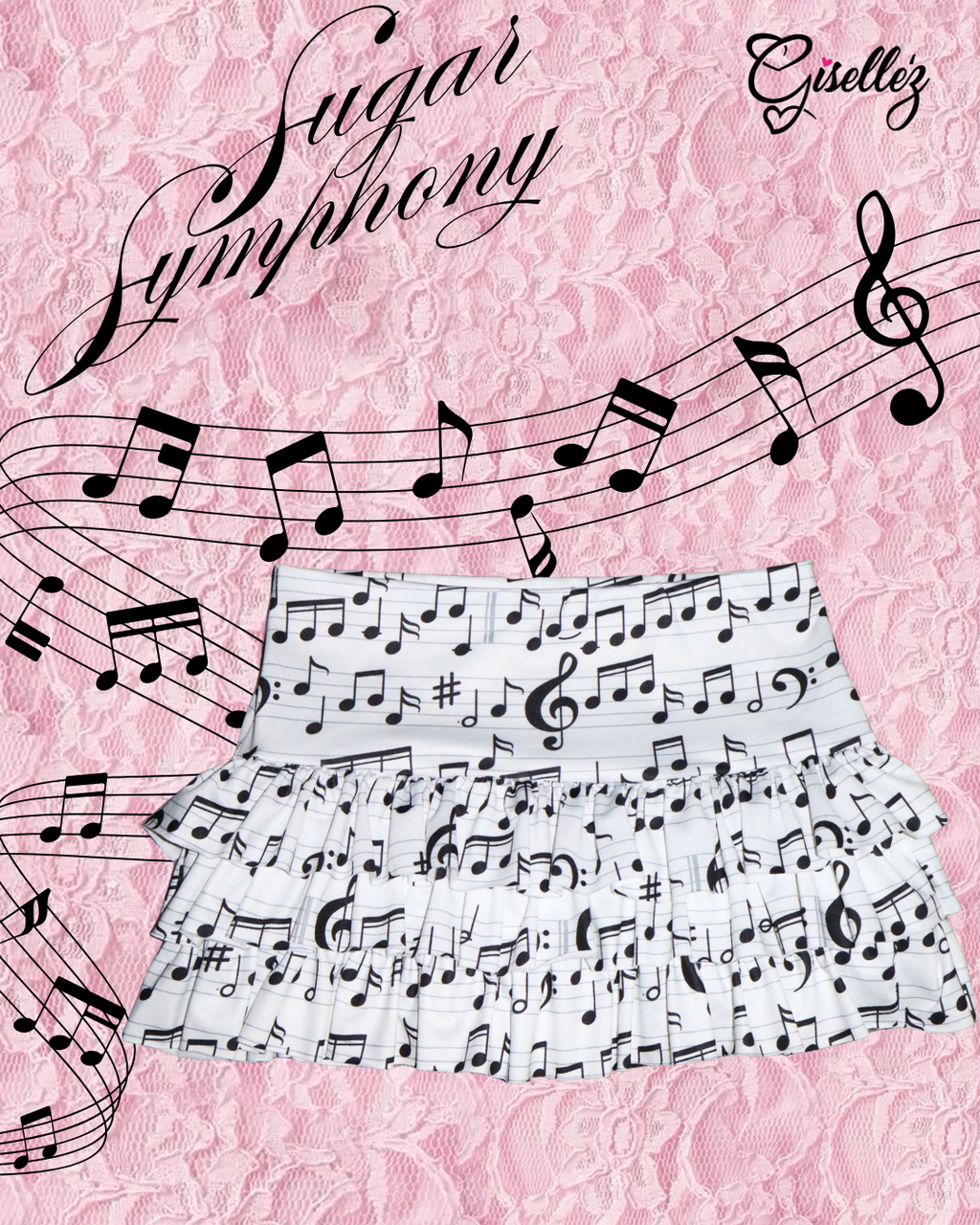 Lace Tank Top & Ruffle Mini Skirt In Music Notes Print