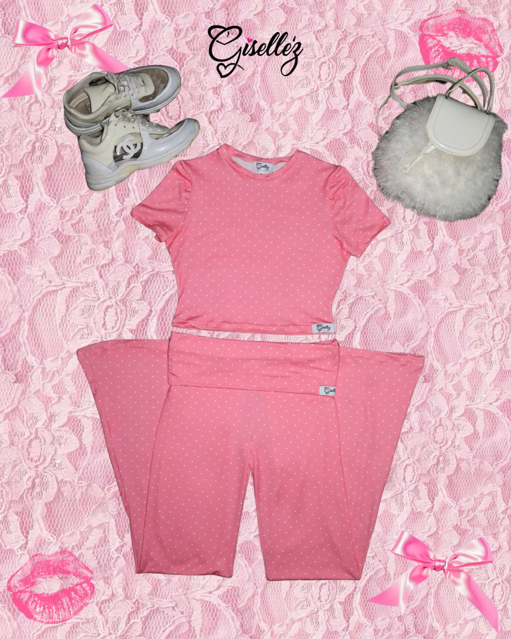 Cropped Baby Tee & Foldover Flare Yoga Pants In Pink/White Polka Dot