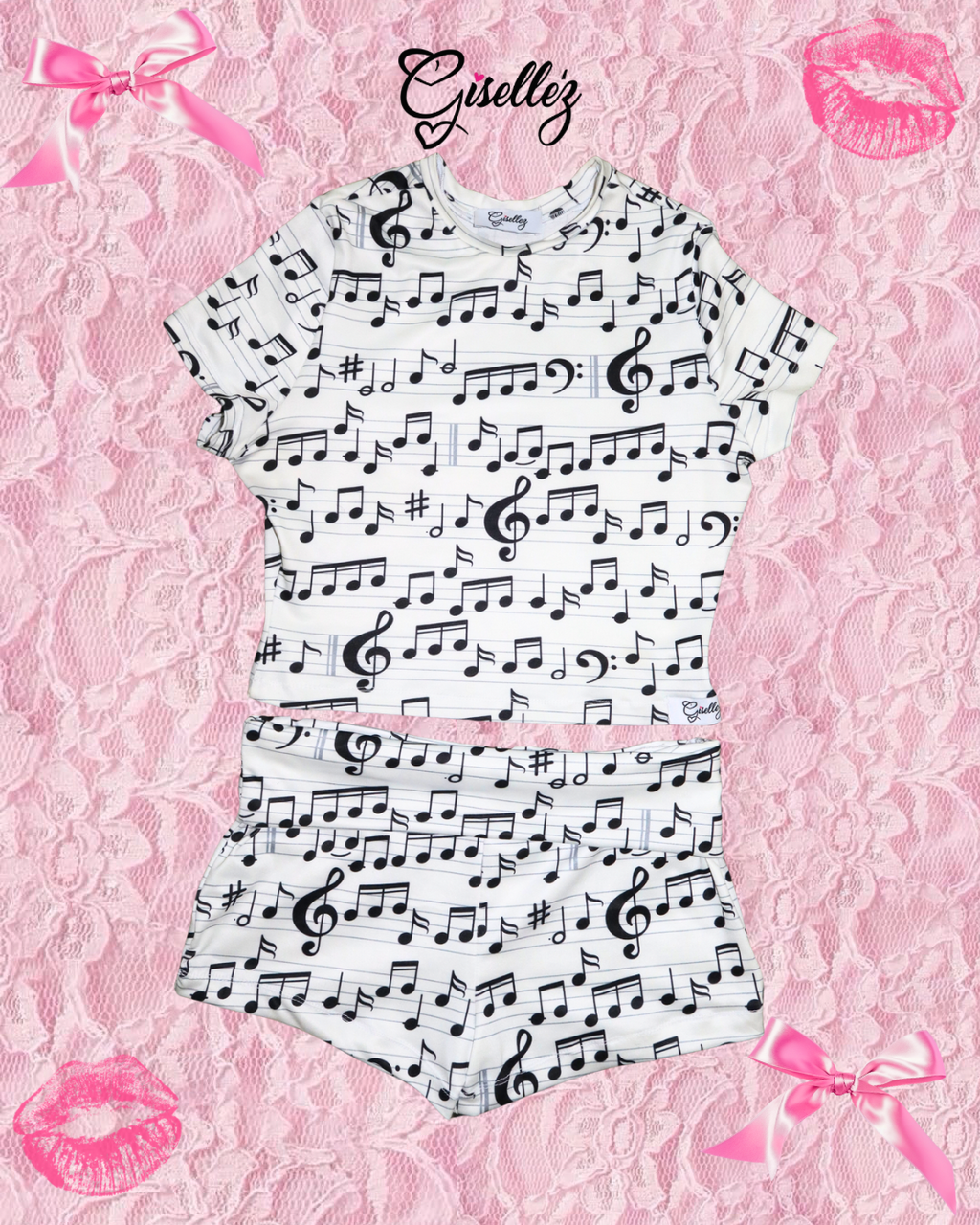 Cropped Baby Tee & Foldover Yoga Shorts In Music Notes Print